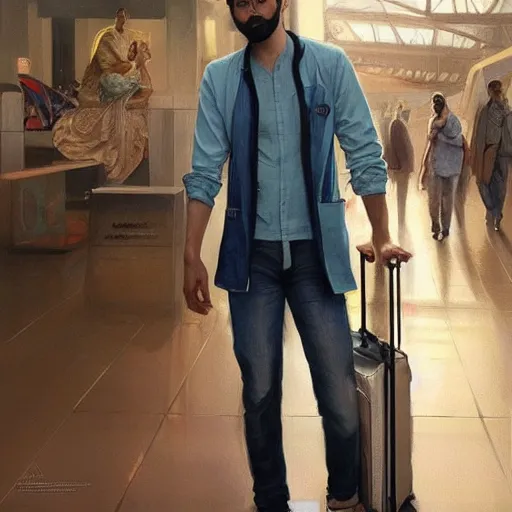 Image similar to Anxious good looking pale young Indian doctors wearing jeans and shirts at the airport, portrait, elegant, intricate, digital painting, artstation, concept art, smooth, sharp focus, illustration, art by artgerm and greg rutkowski and alphonse mucha