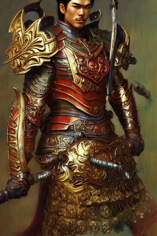 Image similar to attractive muscular male with armor, ming dynasty, character design, colorful paint, complex pattern, sweat, painting by gaston bussiere, craig mullins, j. c. leyendecker, tom of finland