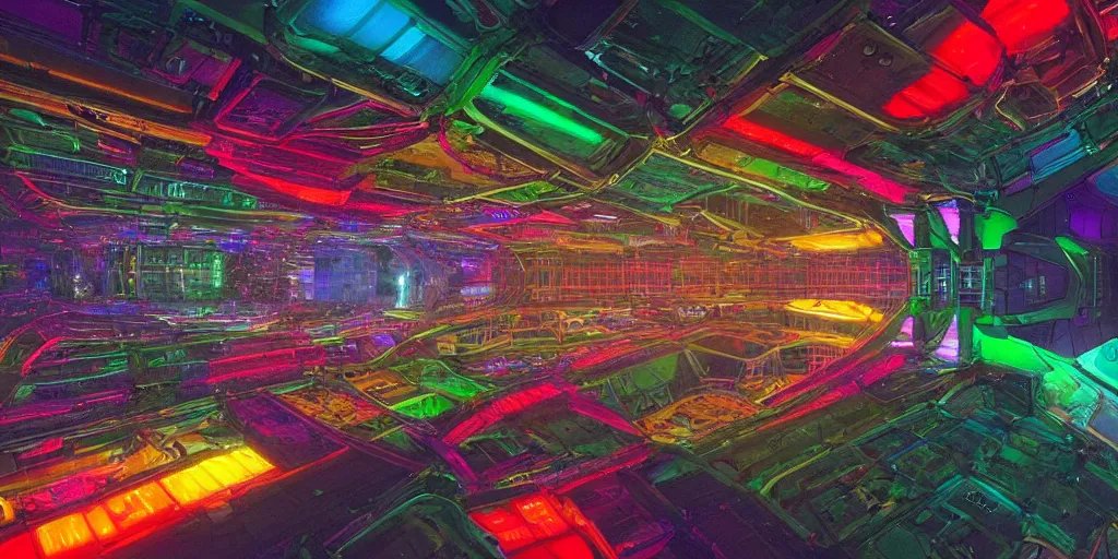 Prompt: a photo of a large distant hi-tech sci-fi mothership, with a lot of vibrant color lights, bridges, turrets, pipes, space photography, color, intricate, extremely detailed, realistic