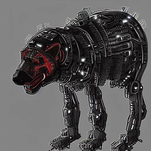 Image similar to cybernetic hyena, bladerunner style, cyborg with lots of metal and wires, realistic highly detailed concept art