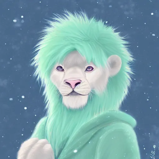 Image similar to aesthetic portrait commission of a albino male furry anthro lion wearing a cute mint colored cozy soft pastel winter outfit, winter atmosphere. character design by chunie