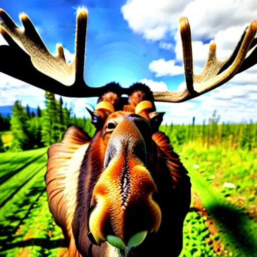 Image similar to a moose has thousands of apples and is very happy about it. it has a extremely happy facial expression. photograph