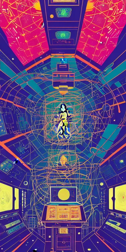 Prompt: the interior of an international space station filled with electronic equipment, ancient futuristic japanese temple, poster art by victo ngai, ori toor, kilian eng behance contest winner, crystal cubism, poster art, cubism, tarot card, psychedelic art, concert poster, poster art, maximalist