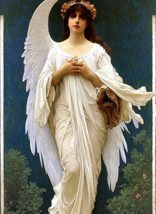 Image similar to painting of a beautifully robed angel with huge white feather wings, intricate, elegant, hyperdetailed, by alphonse mucha and william - adolphe bouguereau and john william waterhouse