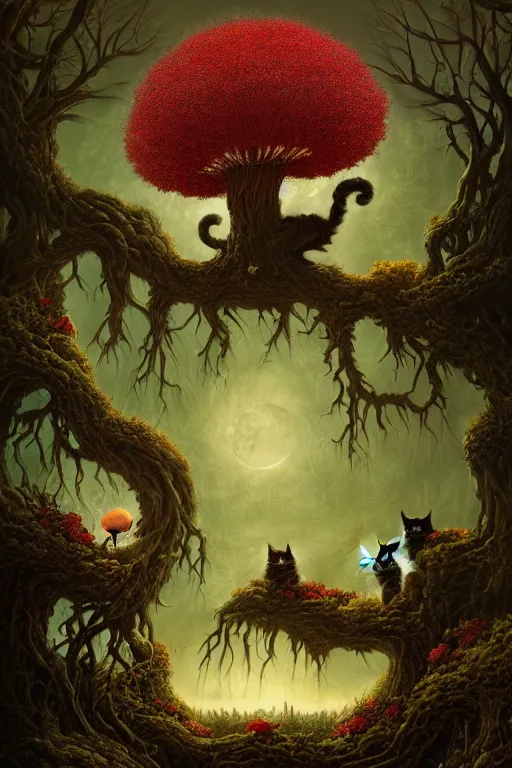 Image similar to a beautiful digital illustration painting of a detailed gothic fantasy cats and roots, dark mushroom, flowers by benoit b. mandelbrot, steven belledin, martin johnson heade, lee madgwick, caspar david friedrich, and david rios ferreira. 8 k resolution trending on artstation concept art digital illustration