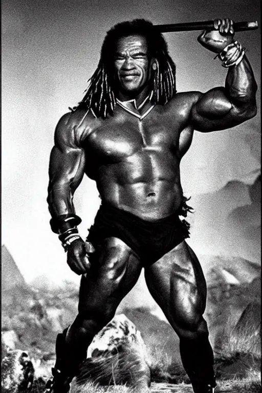 Prompt: Arnold Schwarzenegger as an African American viking.