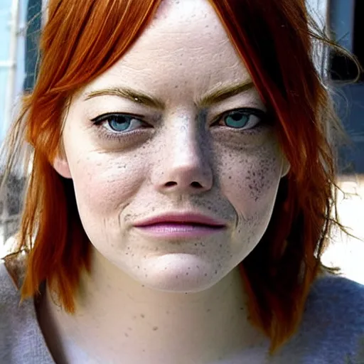 Image similar to Emma Stone homeless mugshot portrait. Faces of Meth.