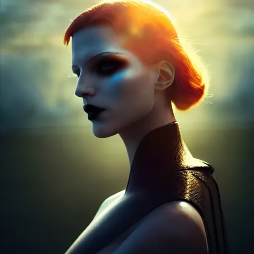 Image similar to photographic portrait of a stunningly beautiful gothic cyberpunk android female in soft dreamy light at sunset, god rays, contemporary fashion shoot, by edward robert hughes, annie leibovitz and steve mccurry, david lazar, jimmy nelsson, breathtaking, 8 k resolution, extremely detailed, beautiful, establishing shot, artistic, hyperrealistic, beautiful face, octane render