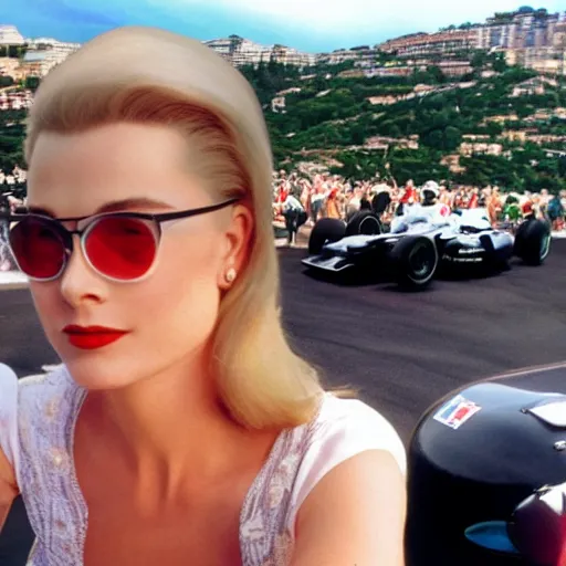 Image similar to selfie smartphone photo of a young Grace Kelly at the 2022 Monaco Gran Prix, F1 cars blurred in background, iphone photo, iPhone 12 camera, lens flares, smartphone resolution, high resolution