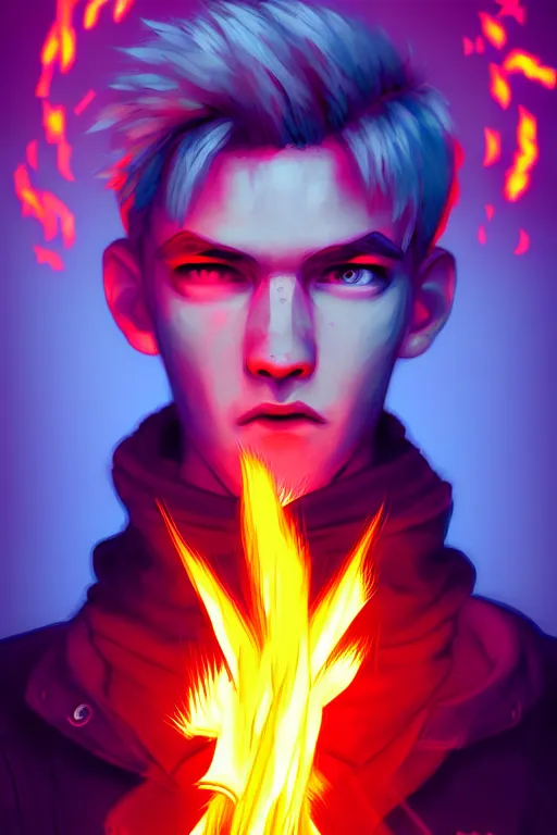 Prompt: character art by liam wong, young man, blonde hair, on fire, fire powers