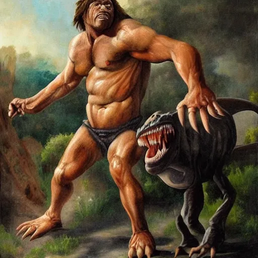 Prompt: a realistic muscular neanderthal man fighting dinosaur, painting