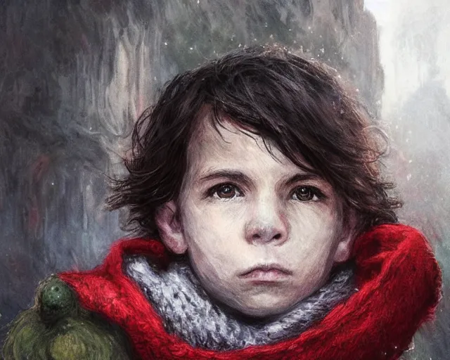 Image similar to a young boy with a red scarf, medium long brown hair, green eyes, is looking at a bird, ethereal, horror, fantasy art by greg rutkowski and magali villeneuve and claude monet black and white but the eyes are green and the scarf is red