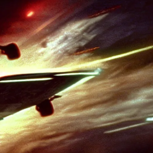 Image similar to movie still from independence day (1996), rendering of jennifer lawrence flying an alien ship,