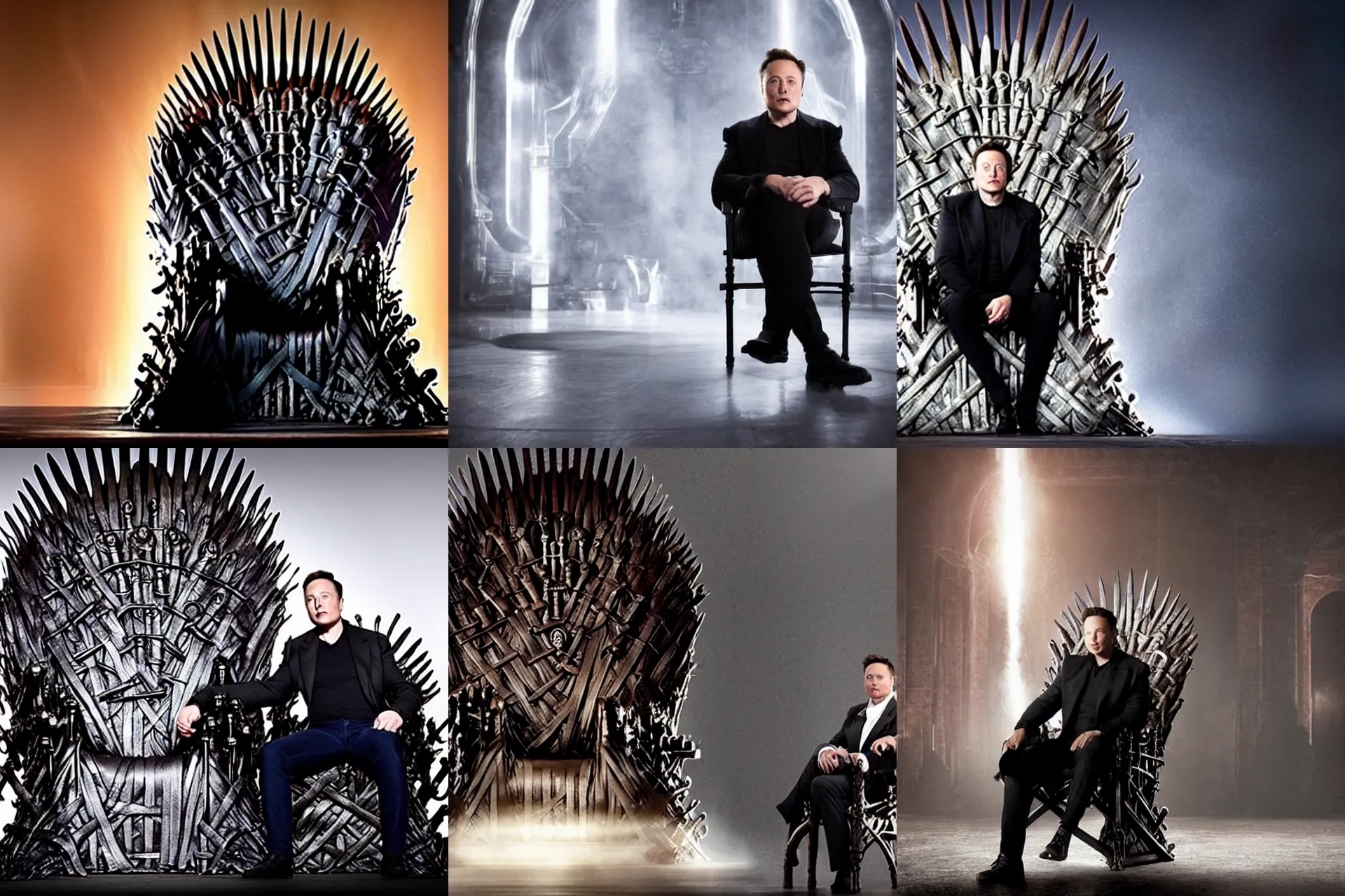 Prompt: Elon Musk seated in The Iron Throne; dramatic lighting
