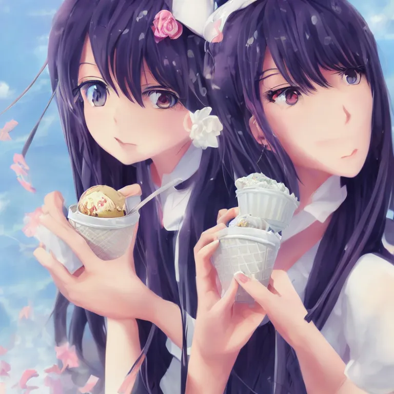 Prompt: an anime girl, beautiful and cute, eat an ice cream, close - up, highly detailed, digital art, 8 k, casual t - shirt, black hair, face by artgerm, character concept,