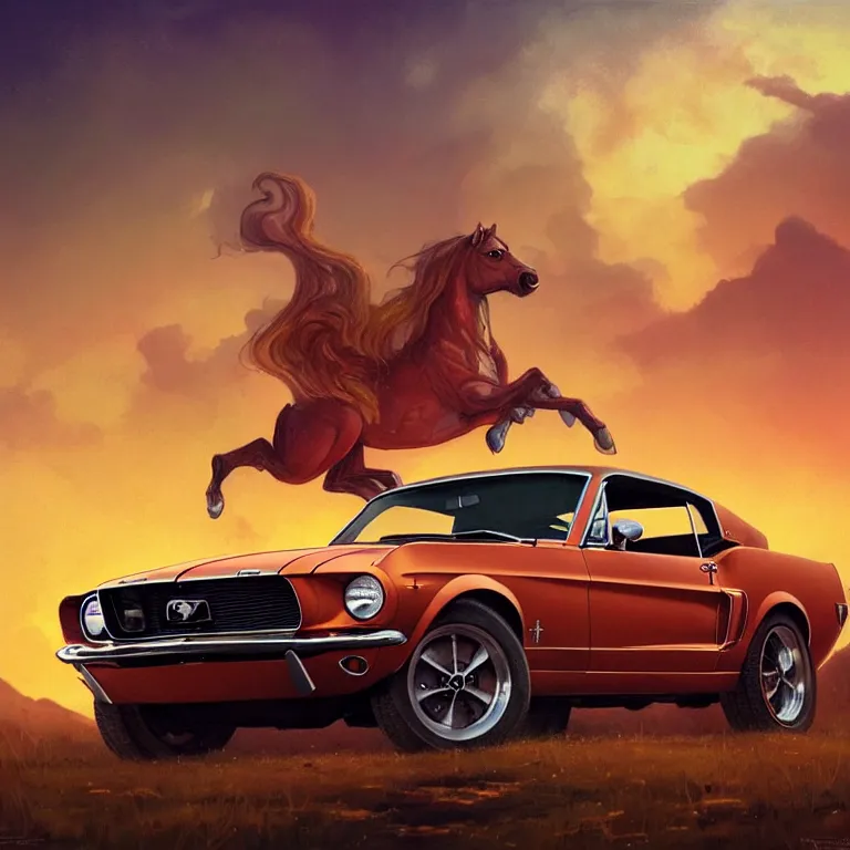 Prompt: a 1 9 6 8 mustang from behind driving down a country road, coriolios rpg art style, full of details, warm sunset colors, matte painting, artstation, 8 k, hyperrealistic, style of peter mohrbacher, album cover