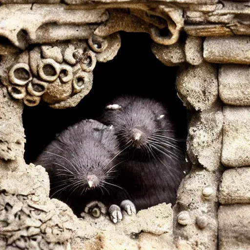 Image similar to An impressive mole with paws carved from stone and a healthy coat of fur is looking down upon three smaller moles huddled together in an open doorway. The large mole wears robes made of blue silk, and has a staff of white wood in his paws. The three small moles are clad in simple browns and grays. One of them holds out her paw to the large mole.