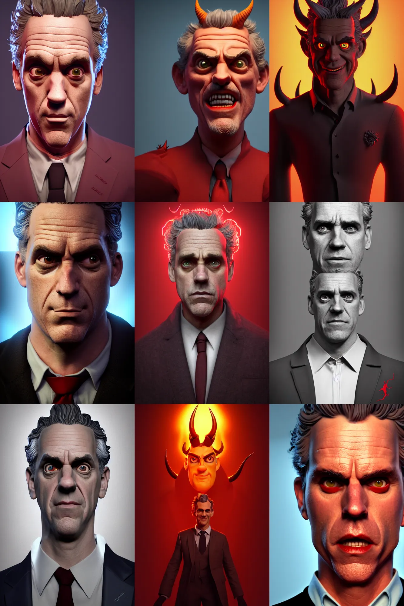 Prompt: a full character portrait of jordan peterson as the devil ruling in hell, the pixar adaptation, with same hairstyle, hyper detailed, digital art, trending in artstation, cinematic lighting, studio quality, smooth render, unreal engine 5 rendered, octane rendered