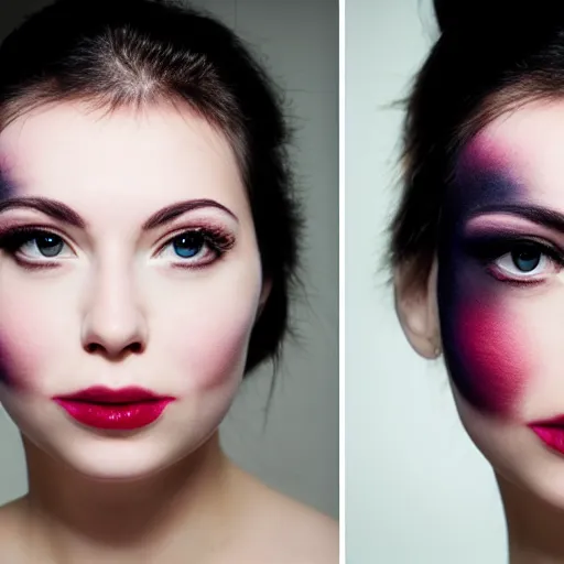 Prompt: photo, closeup, young woman with her face divided into two parts. left part has heavy amount of makeup. right part has intriguing tattoo