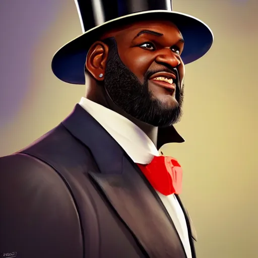 Prompt: pixar portrait painting of shaquille o'neal wearing a top hat and armor as an overwatch character, medium shot, asymmetrical, profile picture, organic painting, foggy day, matte painting, bold shapes, hard edges, street art, trending on artstation, by huang guangjian and gil elvgren and sachin teng