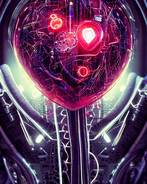 Image similar to a human heart cyberpunk style, revealing wires and electronics, hooked - up, sci - fi, missing panels, intricate abstract upper body intricate artwork, concept art, octane render, deviantart, cinematic, key art, hyperrealism, iridescent accents, portrait photograph, nikon 3 5 mm, photograph by greg rutkowski