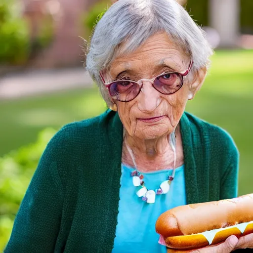 Prompt: promotional photo from the antiques roadshow, old woman and her priceless hot dog, uhd, 8k,