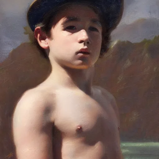 Image similar to in the style of William Whitaker and Goyo Dominguez, a boy stand in the lake, close up, very high details, facial details, Realism painting, 4K ,