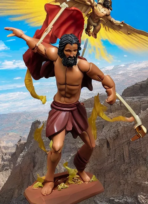 Image similar to Jesus vs the Devil in the flying sandals of salvation action figures toy pack