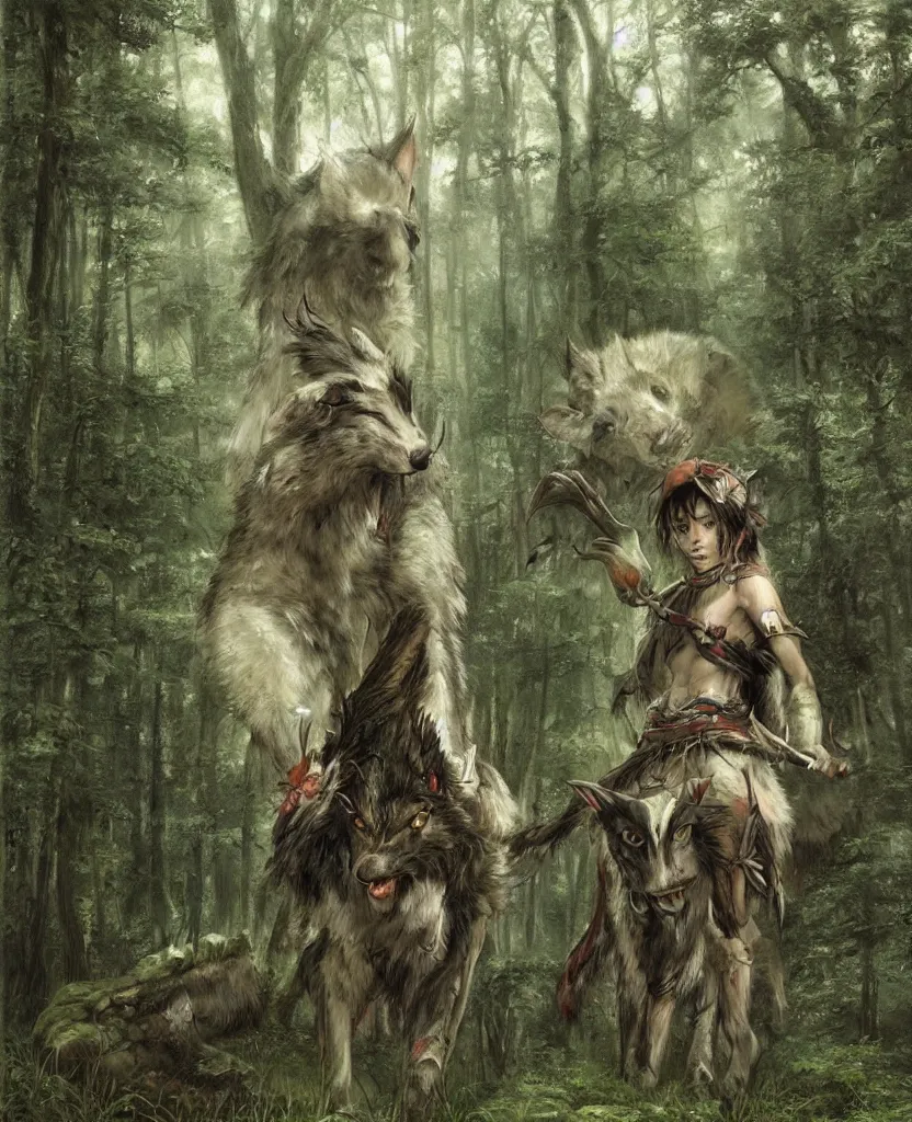 Image similar to portrait of fierce Princess Mononoke, fully clothed in armor, lush forest landscape, painted by james gurney, denoised, sharp, architectural