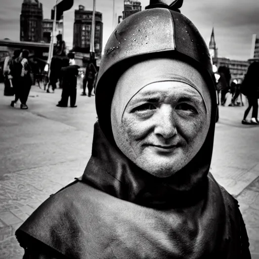 Image similar to medieval protester face photo black and white wide angle lense