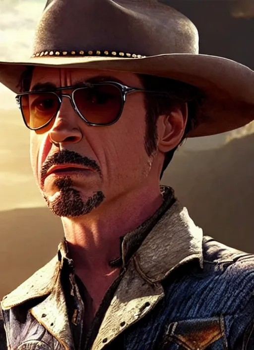 Prompt: an film still of robert downey jr as cowboy with beard, western background, unreal engine. amazing likeness. very detailed.