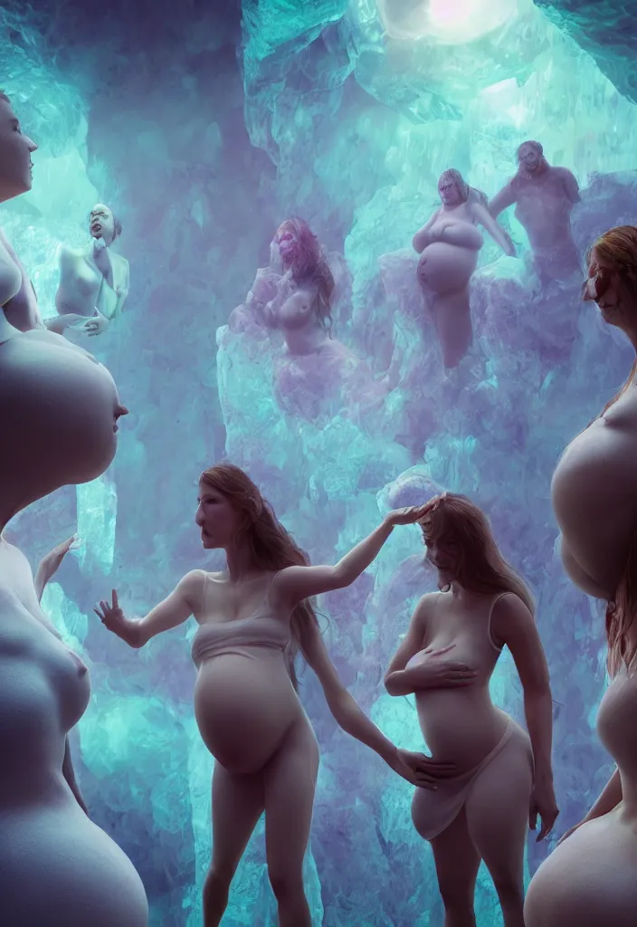 Image similar to epic leader pregnant woman talking to all her tribe with fluorescence bodies, proud people looking at the pregnant woman, ice cave, facinating, fantasy digital art, octane render, beautiful composition, trending on artstation, award - winning photograph, masterpiece