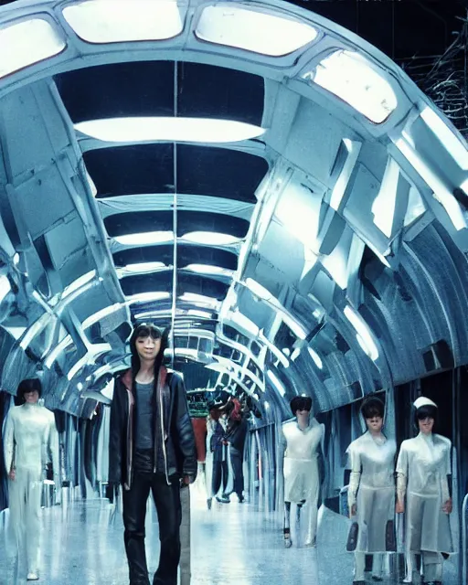 Image similar to remake of logan's run starring a cast of teenaged korean actors and actresses dressed in futuristic traditional korean clothes, futuristic, dome city, robots, monorails, sandman police, renewal