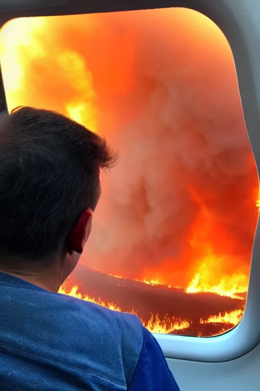 Prompt: passenger looking a huge wildfire at window in airplane