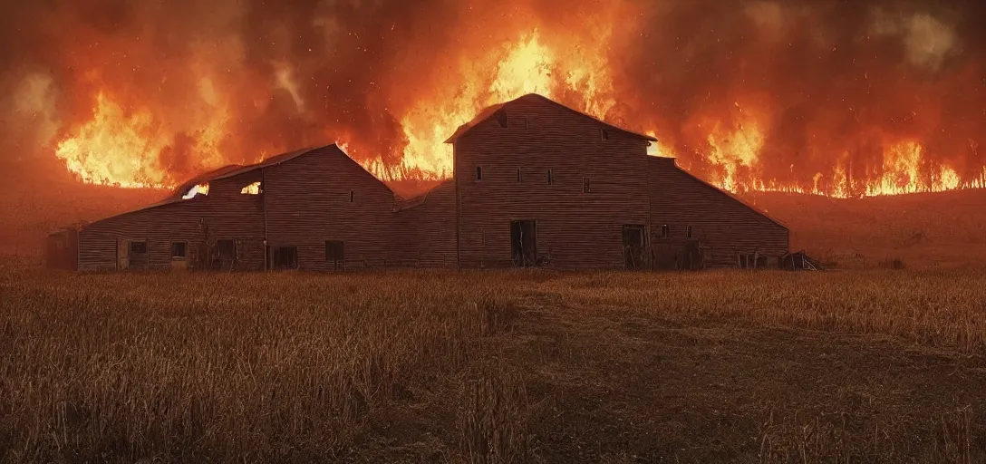 Prompt: full portrait of a desolate farm::forest behind the barn is on fire:: inferno, smoke, flames, dark, gloomy, horror, screaming:: insanely detailed, photorealistic:: cinematic, dramatic lighting,