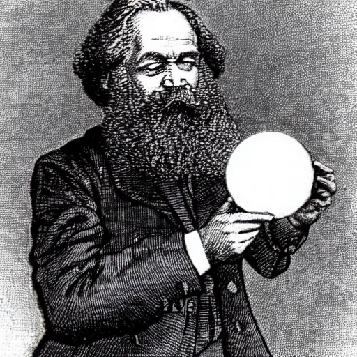 Prompt: Karl Marx pondering his Orb by Steve Argyle