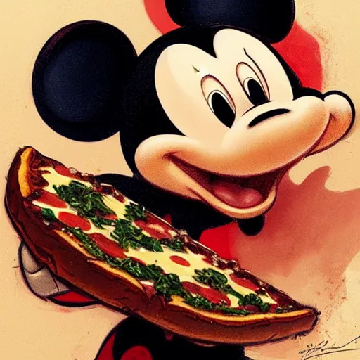 Image similar to portrait of Mickey mouse opening his mouth to eat pizza, highly detailed, digital painting, artstation, concept art, sharp focus, illustration, art by artgerm and greg rutkowski and alphonse mucha