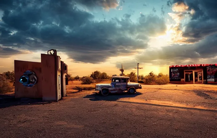 Image similar to A sunset light landscape with historical route66, abandoned gas station, old rusty pickup-truck, lots of sparkling details and sun ray’s, blinding backlight, smoke, volumetric lighting, octane, 35 mm, beautiful reflections, heavenly, softlight