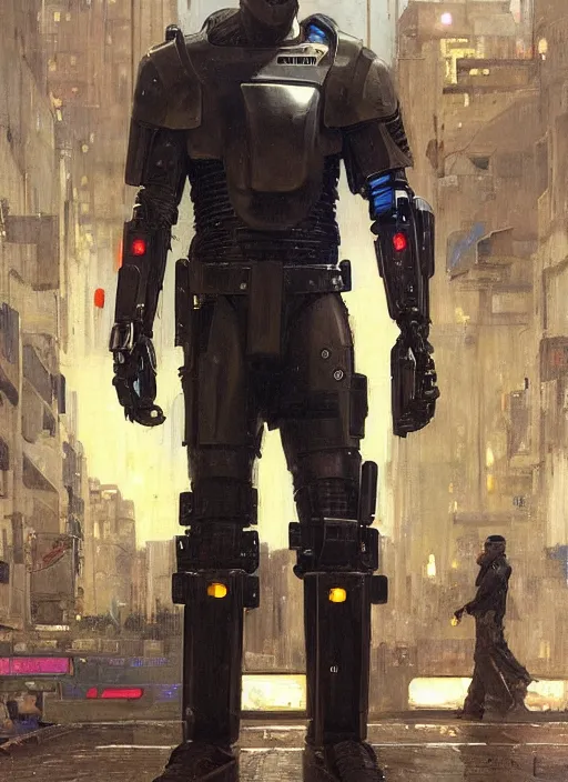 Prompt: Menacing Cyberpunk policeman towering with robotic stilt legs and militarized gear. (dystopian, police state, Cyberpunk 2077, bladerunner 2049). Iranian orientalist portrait by john william waterhouse and Edwin Longsden Long and Theodore Ralli and Nasreddine Dinet, oil on canvas. Cinematic, vivid colors, hyper realism, realistic proportions, dramatic lighting, high detail 4k