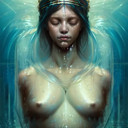 Prompt: a beautiful portrait of a water goddess with transparent skin and closed eyes by Greg Rutkowski and Raymond Swanland, Trending on Artstation, water background, ultra realistic digital art