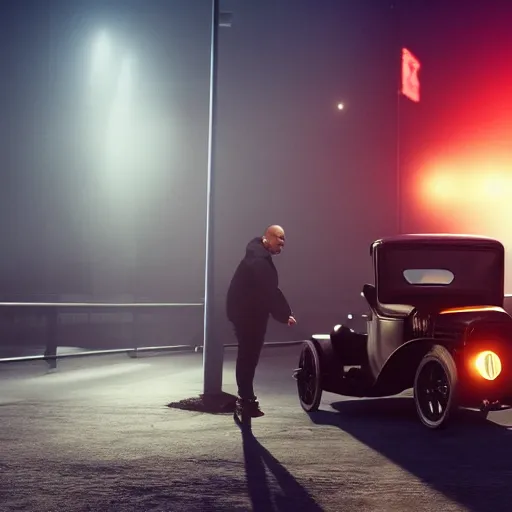 Image similar to very closeup photo of vin diesel standing near ford model t, fog, volumetric lighting, bokeh, ultra realistic, highly detailed, city, cinematic, art by jan urschel and neil blevins