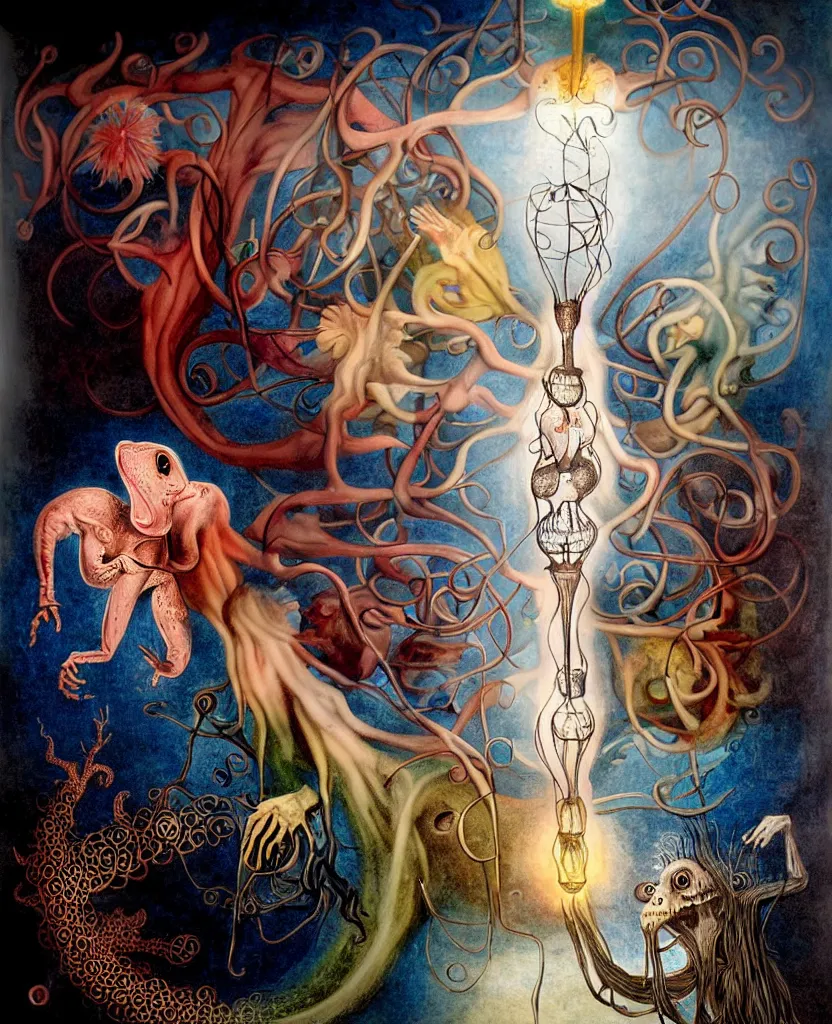 Image similar to whimsical freaky creature sings a unique canto about'as above so below'being ignited by the spirit of haeckel and robert fludd, breakthrough is iminent, glory be to the magic within, painted by ronny khalil