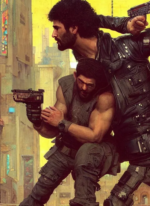 Image similar to big mike fighting javier. cyberpunk meathead wearing a military vest and combat gear. Meathead trying to intimidate cyberpunk hacker. (Cyberpunk 2077, bladerunner 2049). Iranian orientalist portrait by john william waterhouse and Edwin Longsden Long and Theodore Ralli and Nasreddine Dinet, oil on canvas. Cinematic, hyper realism, realistic proportions, dramatic lighting, high detail 4k