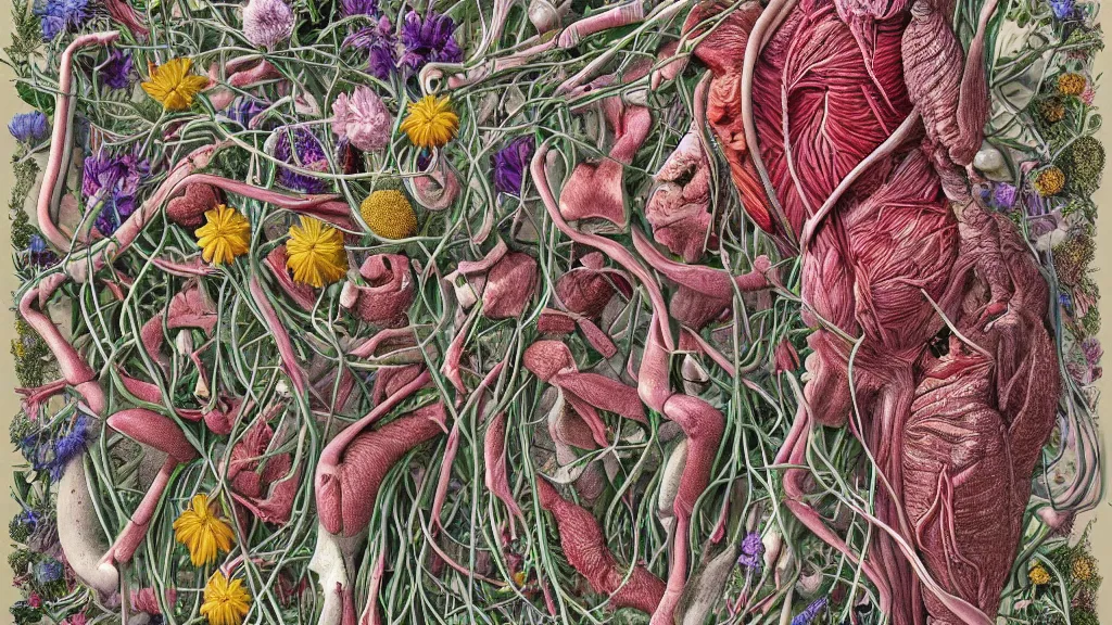 Image similar to highly detailed illustration of a human anatomy body exploded by all the known species of flowers by michael reedy