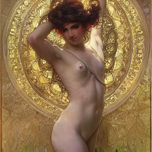 Image similar to stunning dynamic pose, a very much detailed full body of a goddess, intricate, professionally detailed, hdr, light fantasy, dynamic lighting, cinematic CG, smooth, cosplay, a very detailed elegant, sharp focus, a very detailed art by alphonse mucha and greg rutkowski