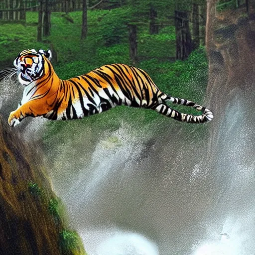 Prompt: a tiger jumping off a cliff with a parachute