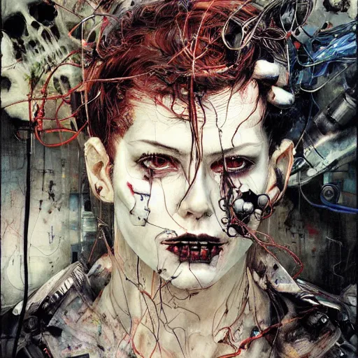 Image similar to a lost male cyberpunk hacker, skulls, wires cybernetic implants, machine noir dieselpunk grimcore, in the style of adrian ghenie esao andrews jenny saville surrealism dark art by james jean takato yamamoto and by ashley wood