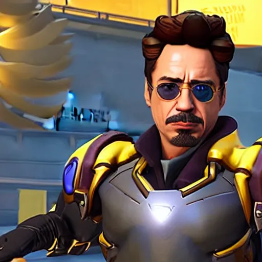 Prompt: Robert Downey Jr as a character in the game Overwatch, detailed face, action shot