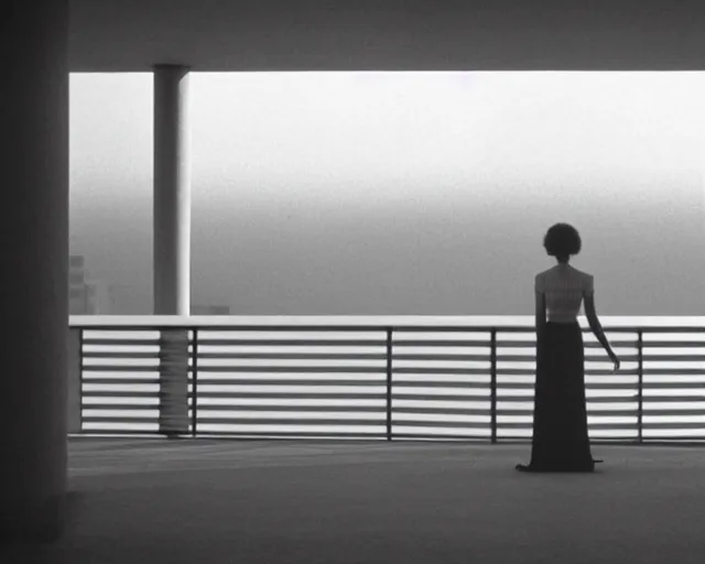 Prompt: a still of a woman standing behind a huge square white balcony, outside view, clear sky, minimalist composition, color music video Wrapped Around your Finger (1983)