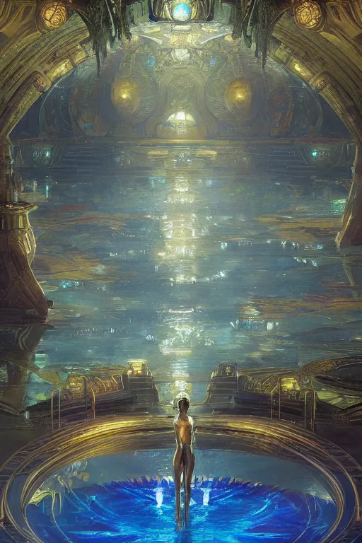 Prompt: Concept Digital Art Highly detailed Alien Art Deco Cybertron lazy river inside of the Palace of the Primes with iridescent oil covered water at night by greg rutkowski, Ilya repin, alphonse mucha, and Edmund Blair Leighton. Very highly detailed 8K, octane, Digital painting, the golden ratio, rational painting, sharp